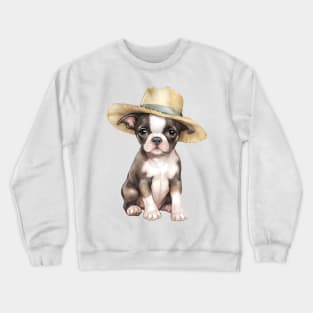 Watercolor Boston Terrier Dog in Straw Hat Crewneck Sweatshirt